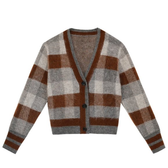 SUSHE V-neck gentle retro plaid knitted mohair cardigan NWT - Picture 4 of 6